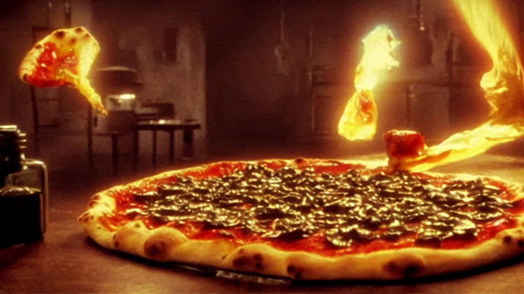 Image similar to glowing oil, on a pizza, film still from the movie directed by denis villeneuve and david cronenberg with art direction by salvador dali and dr. seuss