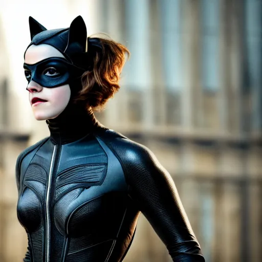 Image similar to Emma Watson as Catwoman, Fujifilm X-T3, 1/1250s at f/2.8, ISO 160, 84mm, 8K, RAW, symmetrical balance, Dolby Vision, HDR, Gigapixel
