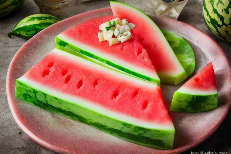 Image similar to watermelon and swiss cheese aspic, food photography, romance novel cover,