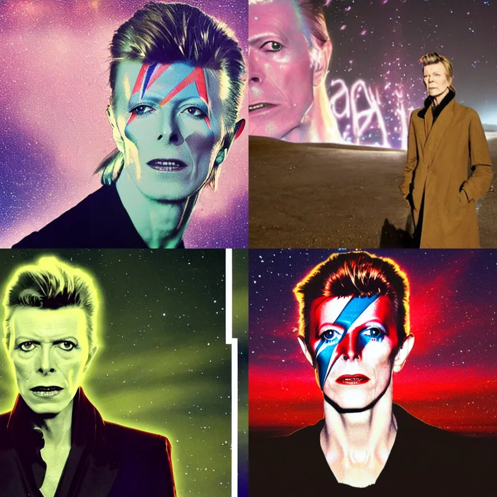 Prompt: David Bowie is projected on the night sky