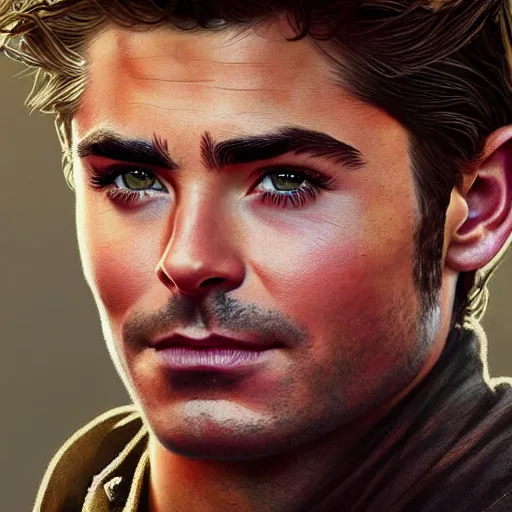 Image similar to A combination of Zac Efron's and Orlando Bloom's and Chris Pine's faces as Nathan Drake, western, D&D, fantasy, intricate, elegant, highly detailed, digital painting, artstation, concept art, matte, sharp focus, illustration, art by Artgerm and Greg Rutkowski and Alphonse Mucha