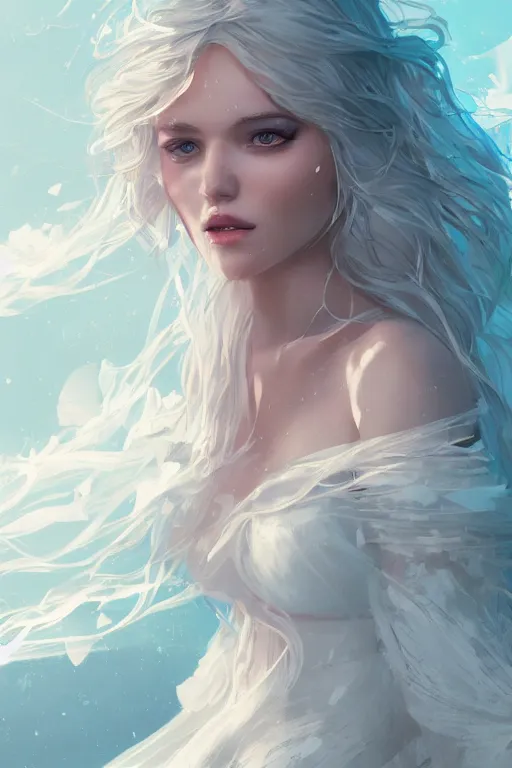 Image similar to A beautiful woman with curvaceous body and long white hair, surrounded by white doves, wearing a long flowy fabric, cinematic lighting, soft bokeh, sci-fi, modern, colourful, highly detailed, digital painting, artstation, concept art, sharp focus, illustration, by WLOP