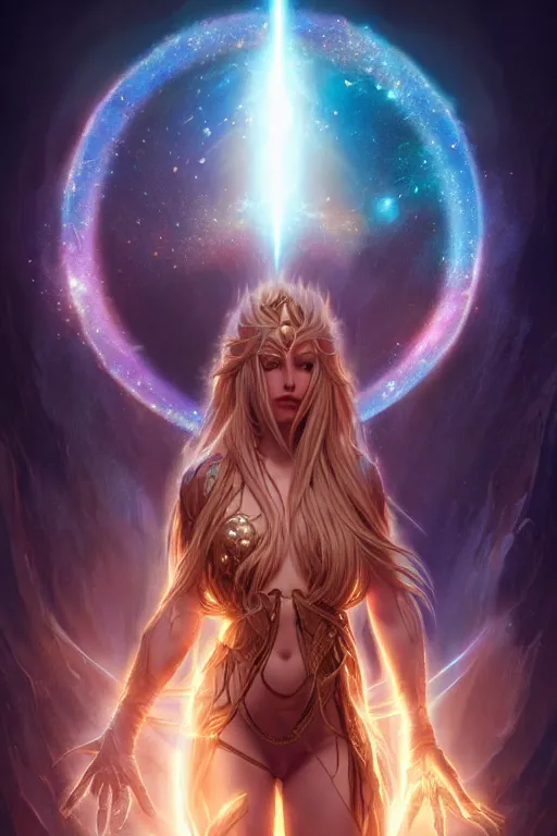 Image similar to beautiful cinematic fantasy poster, goddess of light and love, beautiful glowing galaxy eyes, hybrid from The Elden Ring and art direction by Darius Zawadzki ;by artgerm; wayne reynolds art station; cinematic quality character render; low angle; ultra high quality model; production quality cinema model;