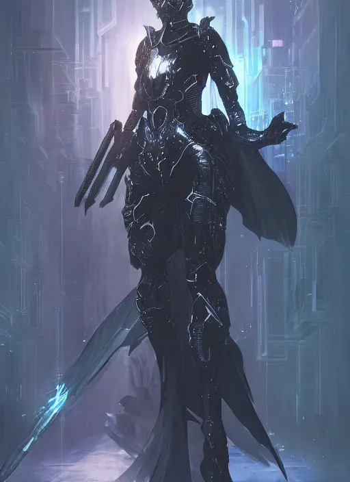 Prompt: dark seraphim knight in light armor wielding a magical lance, full body silhouette. dark water, cyberpunk pearl armor, futuristic fantasy, highly detailed, digital painting, trending on artstation, concept art, sharp focus, illustration, art by artgerm and nixeu and greg rutkowski and magali villeneuve.