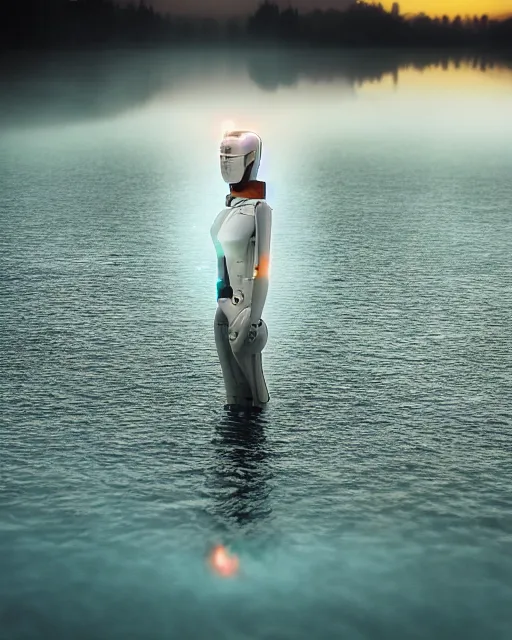 Image similar to beautiful centered photo portrait of hoyeon jung as a solarpunk robotic humanoid with white mechanical parts with bright halogen lights, walking through calm lake water, ultra - realistic and detailed, foggy background, sunset lighting, soft focus, slow exposure hdr 8 k