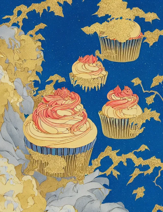 Image similar to spirit of cupcakes lost in the mountains. this gouache and gold leaf work by the award - winning mangaka has a beautiful composition and intricate details.