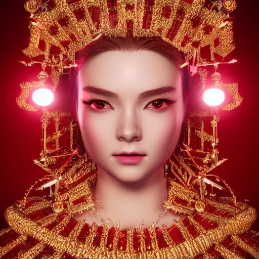 Image similar to portrait of wonderful princess of diamonds with fair skin, ornate 8 k gorgeous intricate detailed, red accent lighting, dramatic cinematic light, award winning photography, octane render