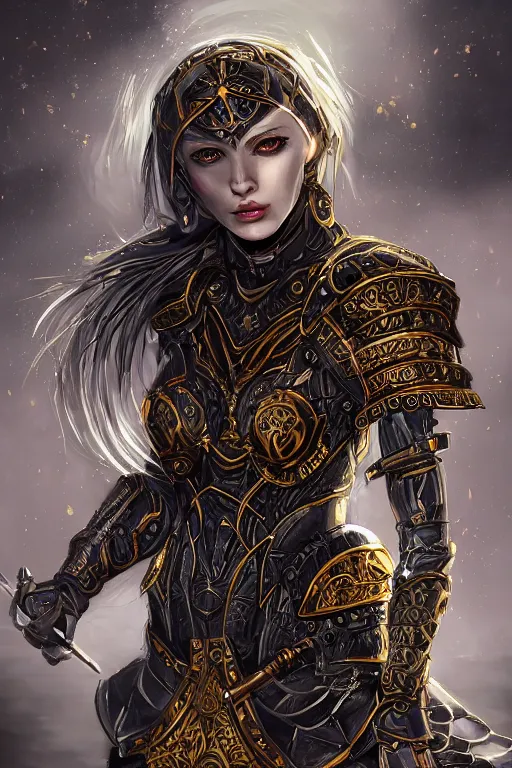 Image similar to portrait knights of Zodiac girl+smoky eyes, metalic black and red mirror reflected armor, in ruined Agora of Athens, black magic night, ssci-fi, fantasy, intricate, very very beautiful, elegant, golden light, highly detailed, digital painting, artstation, concept art, smooth, sharp focus, illustration, art by tian zi and WLOP and alphonse mucha