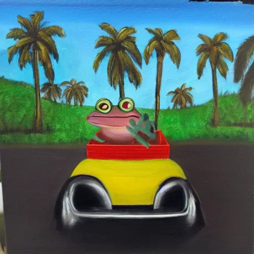 Prompt: photo of a frog in a tuxedo driving car, oil painting, portrait, palm trees