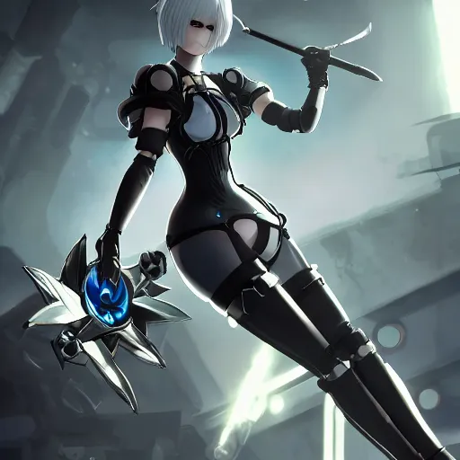 Image similar to 2B (Nier Automata) in the style of Starcraft 2, promo art