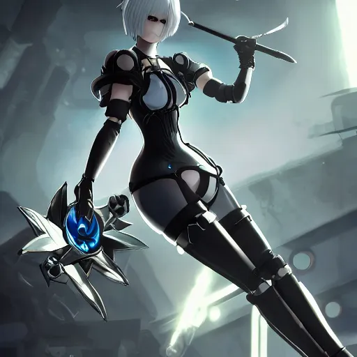 Prompt: 2B (Nier Automata) in the style of Starcraft 2, promo art