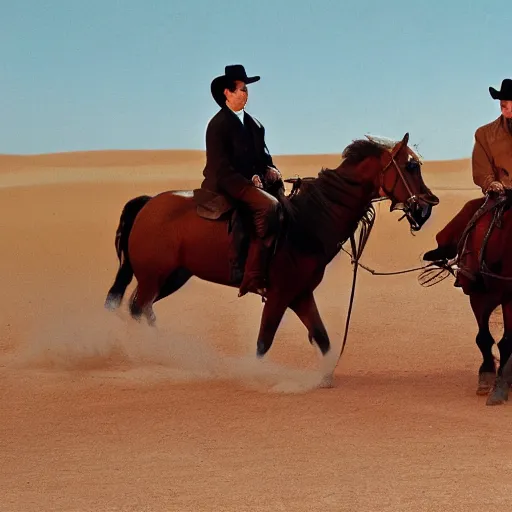 Image similar to Johnny Cash and Gyro Zeppelli riding horses in a desert