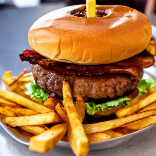 Prompt: big stack burger with bacon and fries