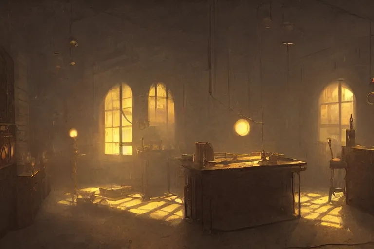 Image similar to a dark steampunk laboratory interior lit only by the windows with strange artifacts inside display cases in the late evening with dusty atmosphere, painting 3D by Greg Rutkowski