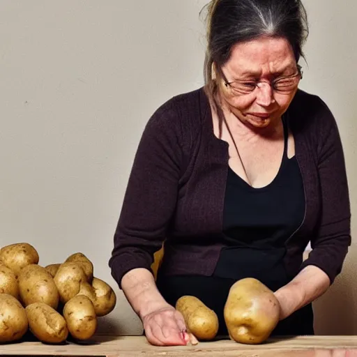 Prompt: a bored lady peeling a potato, emotional, 4k, award winning