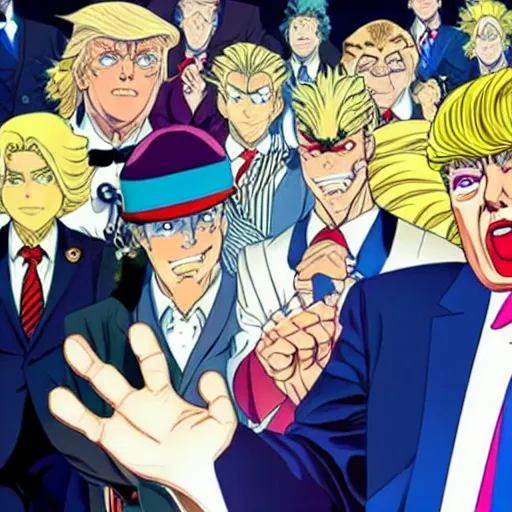 Prompt: donald trump, as a character in jojo ’ s bizarre adventure, anime key visual, portrait, detailed