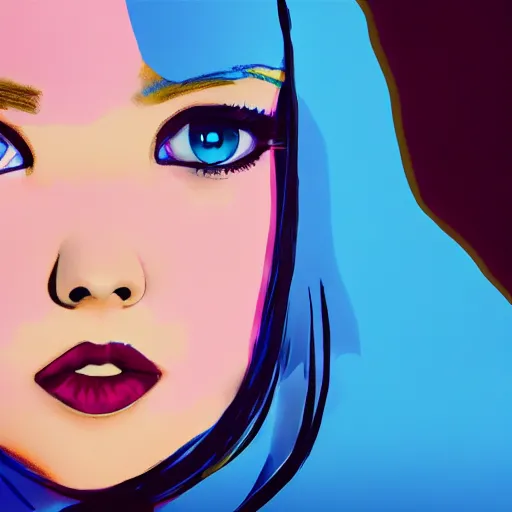 Image similar to ilya kuvshinov with long sky blue hair, gold eyes, amber eyes, boyish face, professional digital painting, concept art, award - winning photography, cinematic, brick wall background, fur scarf, crazy, yandere, wlop, color block, pop, hip, art by andy warhol, pixiv art, yoshitaka amano