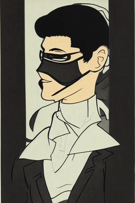 Image similar to portrait of young man wearing black medical mask, style of osamu tezuka