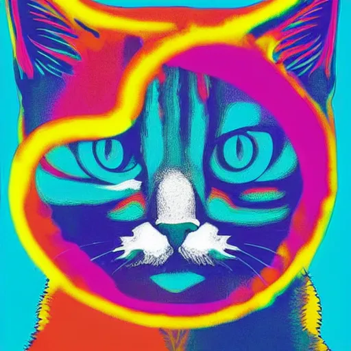 Image similar to 6 0 s hippie poster illustration of a cat made of flowing rainbows by pascal blanche and bonnie mclean and wes wilson, 8 k, artstation