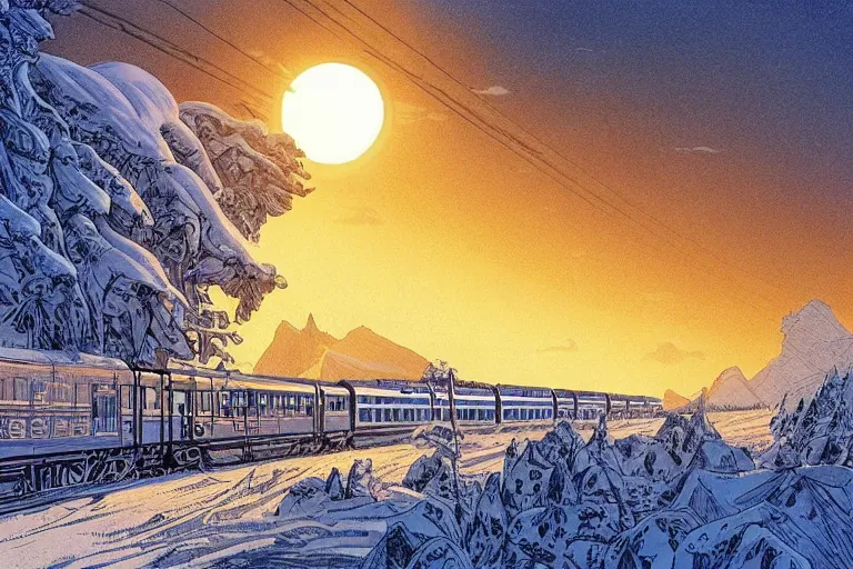 Image similar to trans - siberian express train ultrafine drawing by joe fenton and syd mead and p. craig russell and barry windsor - smith, artstation, 4 k, graphic novel, concept art, matte painting, beautiful russian winter landscape sunset background, golden hour, art nouveau, sharp