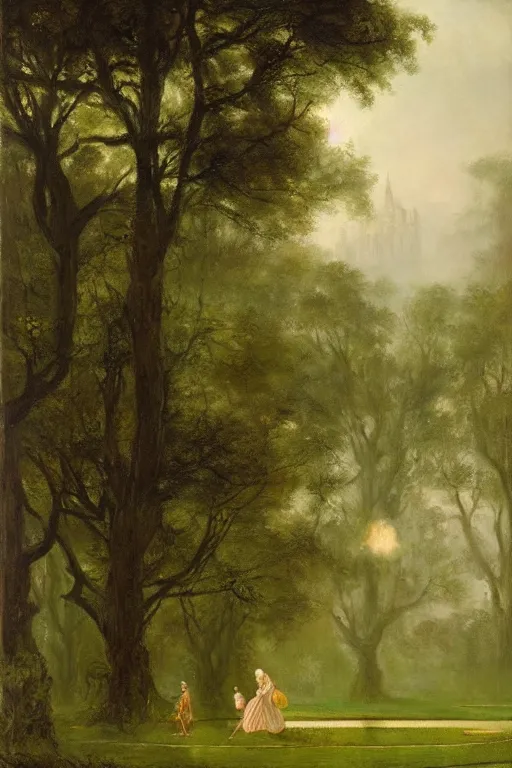 Prompt: zeus walks in dark gardens beside a small pond, misty, stately home visible in distance through trees, ruan jia, lawrence alma tadema, zdzislaw beksinski, carl spitzweg, everett raymond kinstler, norman rockwell