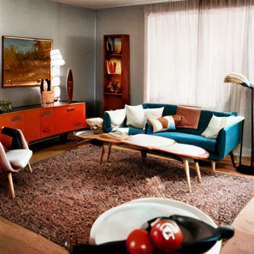 Image similar to spaghetti and meatballs shaped into a mid century modern living room set