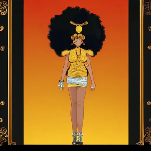 Image similar to black woman with a gold afro in anime style, highly detailed, sharp colors