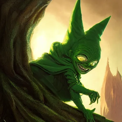 Prompt: cute green goblin with big ears, no hair, and round yellow eyes, wearing a traveler's cloak, looking down out of a tree, in the style of greg rutkowski