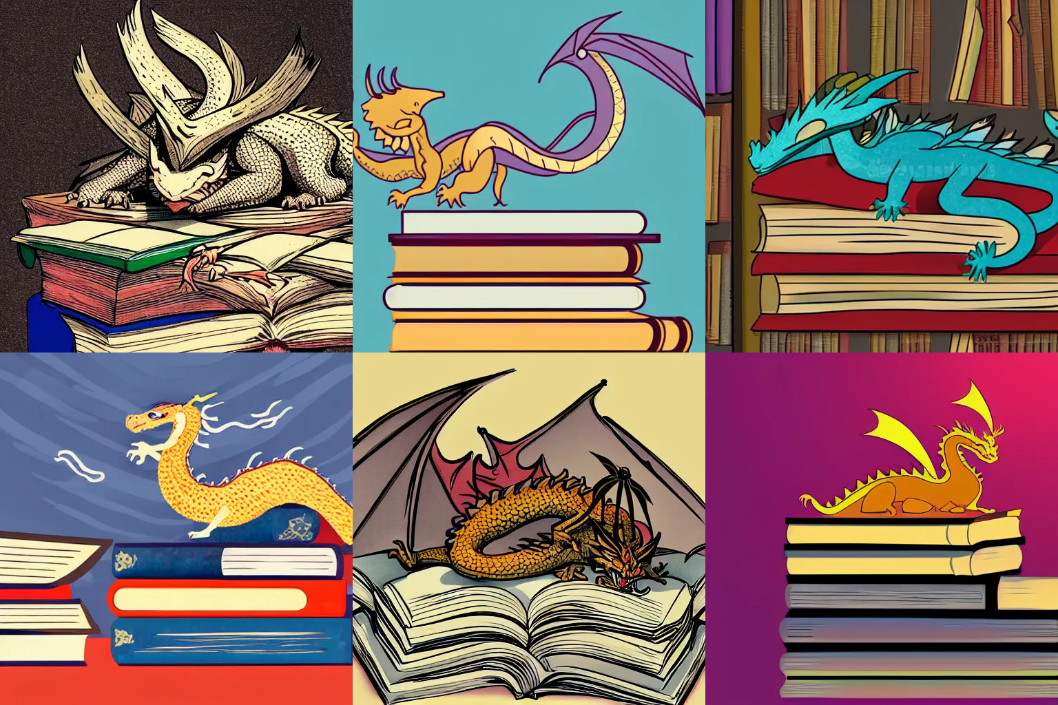 Prompt: A dragon sleeping on a pile of books, illustration