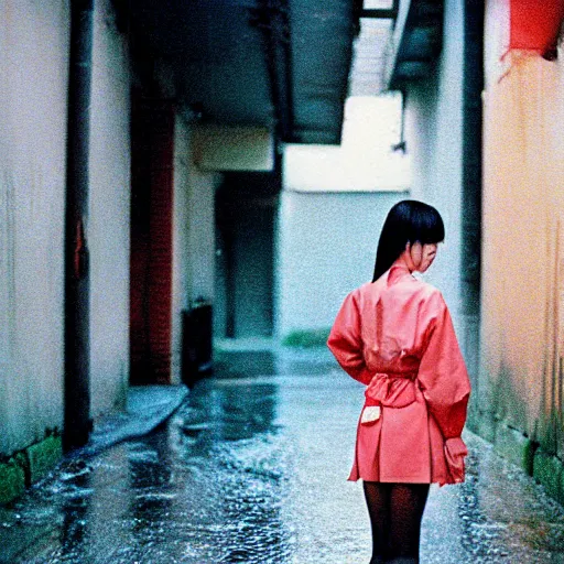 Image similar to 1990s perfect 8K HD professional cinematic photo of close-up japanese schoolgirl posing in sci-fi dystopian alleyway at morning during rain, at instagram, Behance, Adobe Lightroom, with instagram filters, depth of field, taken with polaroid kodak portra