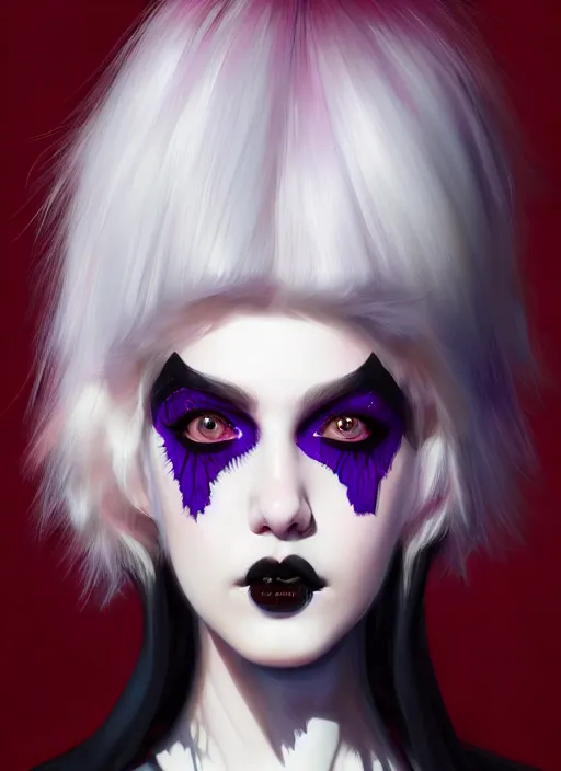 Image similar to portrait of white teenage girl, normal face, white bangs, mall goth, cyberlox, black and white hair, bangs, fluffy bangs, red contact lenses, purple lipstick, intricate, elegant, highly detailed, digital painting, artstation, concept art, sharp focus, smooth, illustration, art by wlop, mars ravelo and greg rutkowski