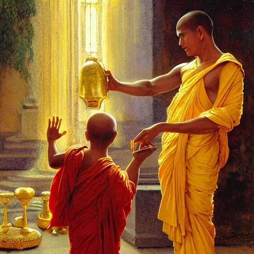 Prompt: old srilankan buddhist monk pouring liquid gold into buddhist monk kid head baroque style, painting by gaston bussiere, craig mullins, j. c. leyendecker, lights, art by ernst haeckel, john william godward, hammershøi,