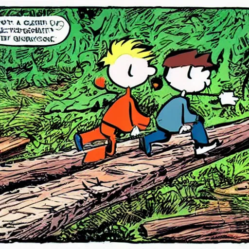Image similar to John Calvin and Thomas Hobbes walking across a fallen log, cartoon, newspaper comic strip, by Bill Watterson.