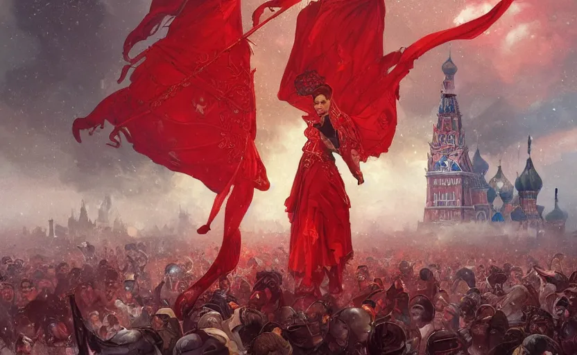 Image similar to Putin in Red Square full of blood, fantasy, intricate, highly detailed, digital painting, artstation, concept art, smooth, sharp focus, illustration, art by artgerm and greg rutkowski and alphonse mucha