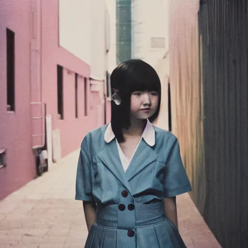 Image similar to a perfect 8K HD professional photo of close-up japanese schoolgirl posing in sci-fi dystopian alleyway, at instagram, Behance, Adobe Lightroom, taken with polaroid kodak portra