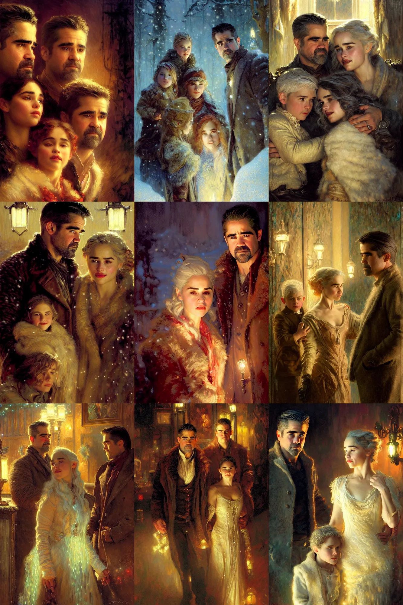 Prompt: winter, family, colin farrell with white haired emilia clarke, neon light, detailed faces, painting by gaston bussiere, craig mullins, j. c. leyendecker