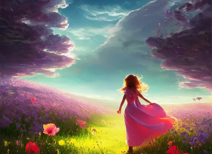 Prompt: a alone princess walks through a vast flower field in the cosmic sky by vladimir volegov and alexander averin and peder mørk mønsted and ross tran and raphael lacoste