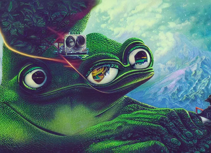 Prompt: hyper realistic detailed image of pepe the frog pushing a huge mate steel cube up the hill slope, by ayami kojima, amano, beeple, greg hildebrandt, and mark brooks, mystical, rich deep colors, cinematic light, long cinematic shot, extremely detailed, very coherent symmetrical artwork, 8 k