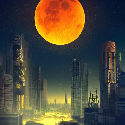 Image similar to fantasy modern city with many high rise under a moonlit, starry sky, lunarpunk, concept art, trending on art station, orange and teal color, cgsociety, octane render