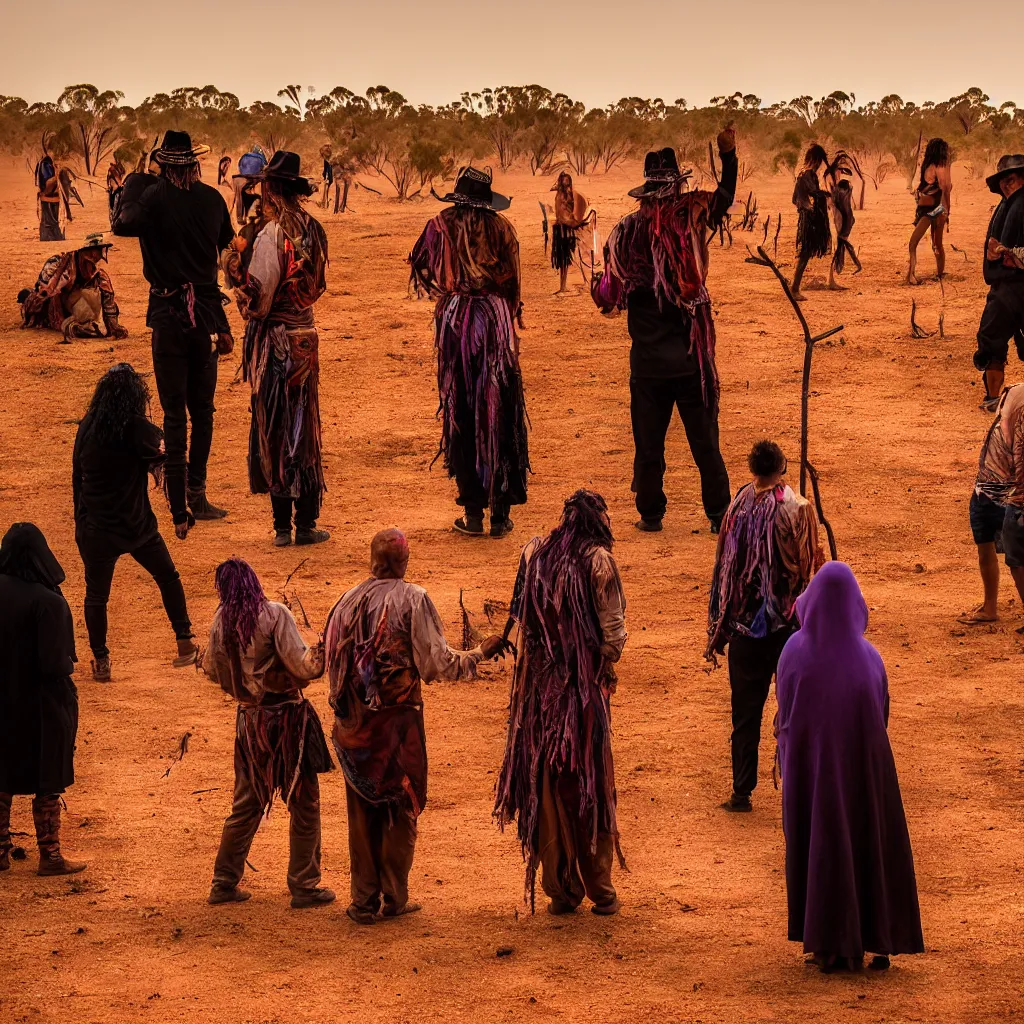 Prompt: atmospheric photograph of three ravers, two men, one woman, woman is in a trenchcoat, blessing the soil at night, seen from behind, people facing fire circle, two aboriginal elders, dancefloor kismet, diverse costumes, clean composition, desert transition area, bonfire, atmospheric night, australian desert, symmetry, sony a 7 r