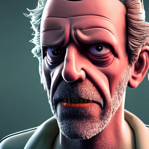 Prompt: Dr. Gregory House as Rick Sanchez from Rick and Morty, hyperrealistic, highly detailed, depth of field, High definition, 8k, octane render, artstation
