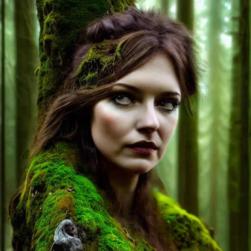 Prompt: a gorgeous wild woman that has deer antlers, deep forest background, matte oil painting, dnd art, fantasy, trees, terrain, moss, lichen, stunning, beautiful, feral, clear, crisp, sharp, award - winning, portrait, extremely detailed