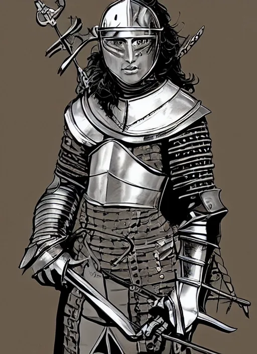 Prompt: a tomboy female knight wearing medieval armor. knight tomboy. art by martin ansin, martin ansin artwork. portrait.