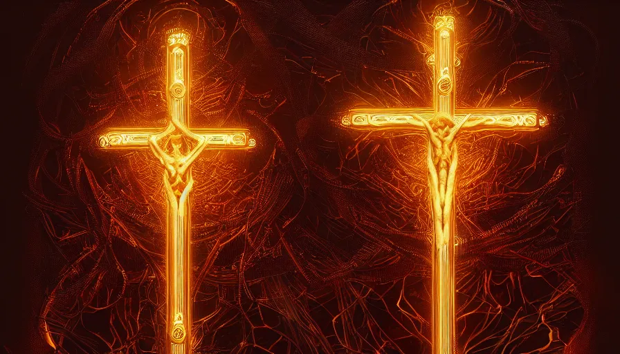 Prompt: sign of the cross, glowing, fantasy, circuitry, explosion, dramatic, intricate, elegant, highly detailed, digital painting, artstation, concept art, smooth, sharp focus, illustration, art by gustave dore, octane render
