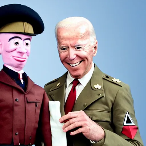 Image similar to UHD candid color photo of Klaus Schwab in Nazi uniform holding a Joe Biden ventriloquist dummy, accurate faces, UHD, photorealistic, correct face, photo by Annie Leibowitz