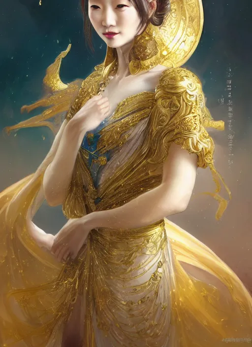 Prompt: portrait of a beautiful celestial Rainie Yang Cheng Lin, multiversal hair, gold and royal blue luxurious armour, elegant, captivating, chic, high-end, ethereal Pamukkale, highly detailed, realistic eyes, illustration, chic, smooth, sharp focus, rule of thirds, holy glow,, 4k, by Peter Mohrbacher, alphonse Mucha, Charlie Bowater, Loish, Karol Bak, Greg Hildebrandt,