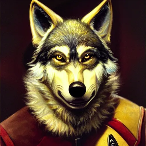 Image similar to a portrait of a wolf dogman canine star trek chief engineer. highly detailed painting by gaston bussiere, craig mullins, j. c. leyendecker, furry
