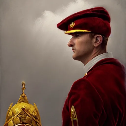 Image similar to realism portrait Captain Phil wears an officer uniform whilst wearing a red velvet robe and golden crown anna podedworna arkhip kuindzhi raphael lacoste guillem h. pongiluppi grisaille