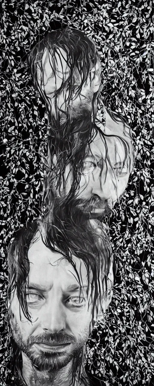 Prompt: disco diffusion portrait of Thom Yorke, hiding in the bushes looking shifty