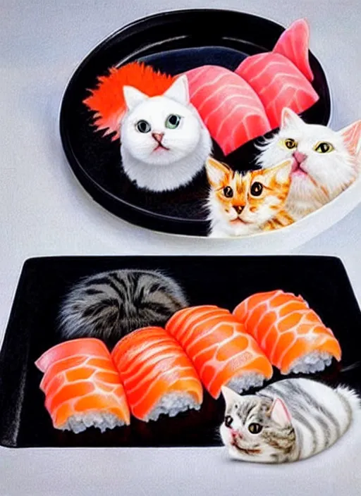 Image similar to clear photorealistic picture of adorable cats made out of sushi